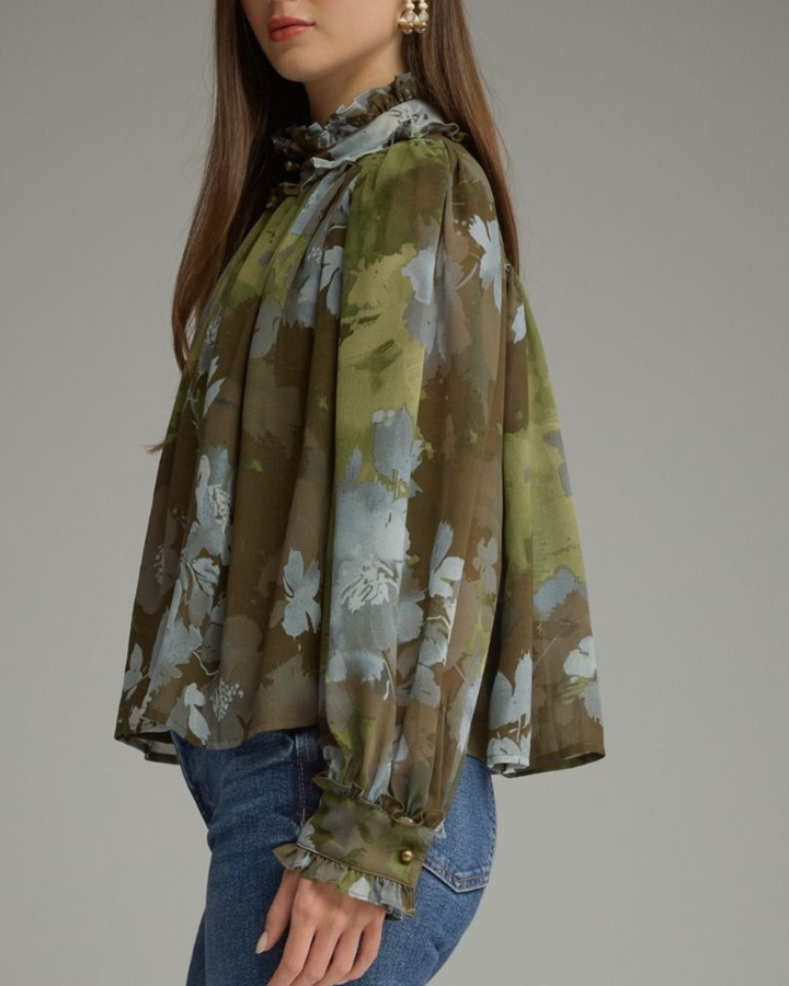 Sage Blossom Ruffle Blouse