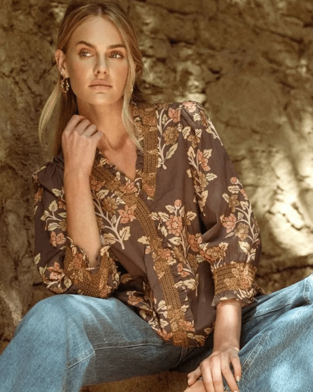 3/4 Sleeve Floral Print Top - High Call Outfitters