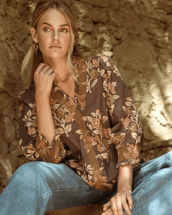 3/4 Sleeve Floral Print Top - High Call Outfitters
