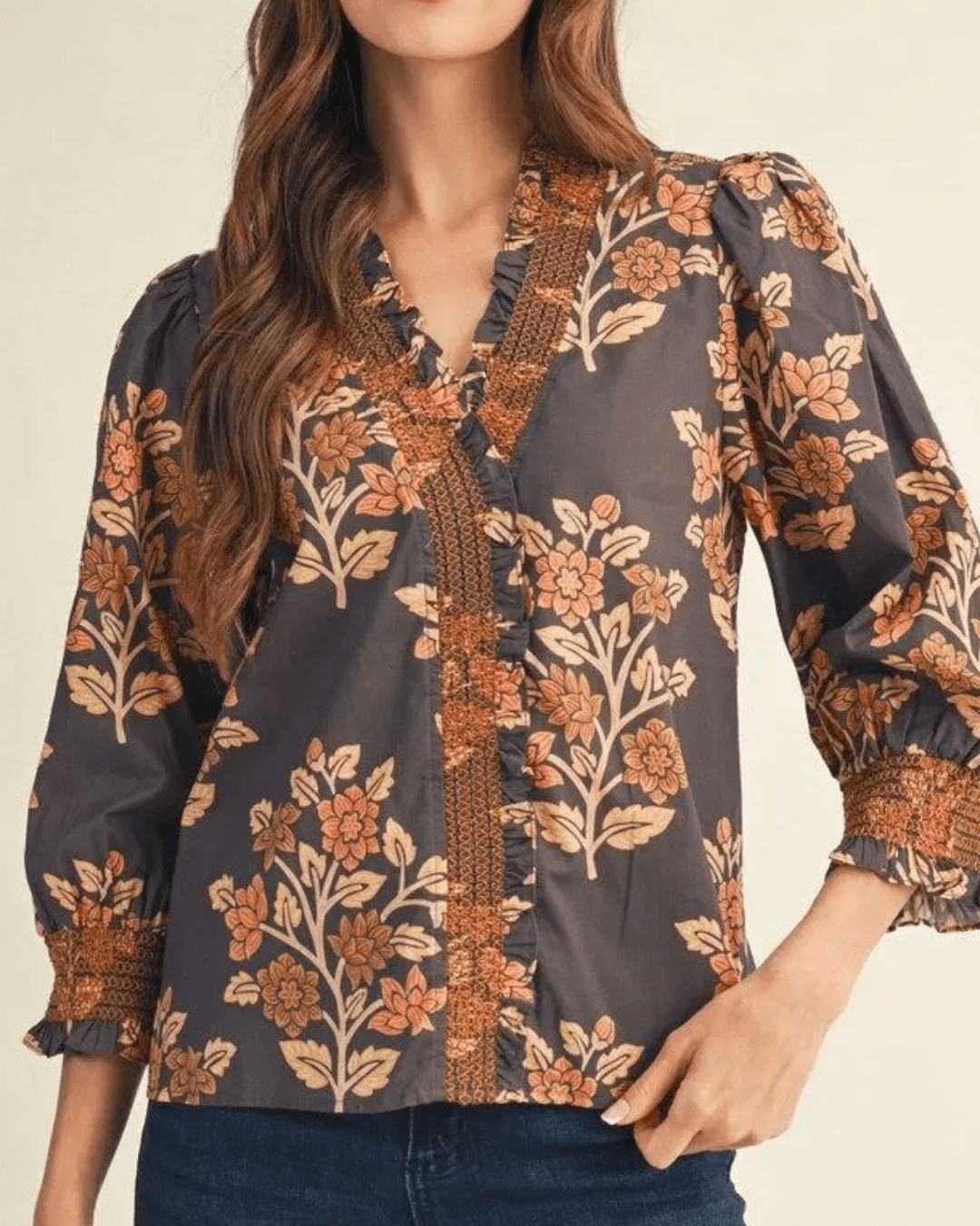 3/4 Sleeve Floral Print Top - High Call Outfitters