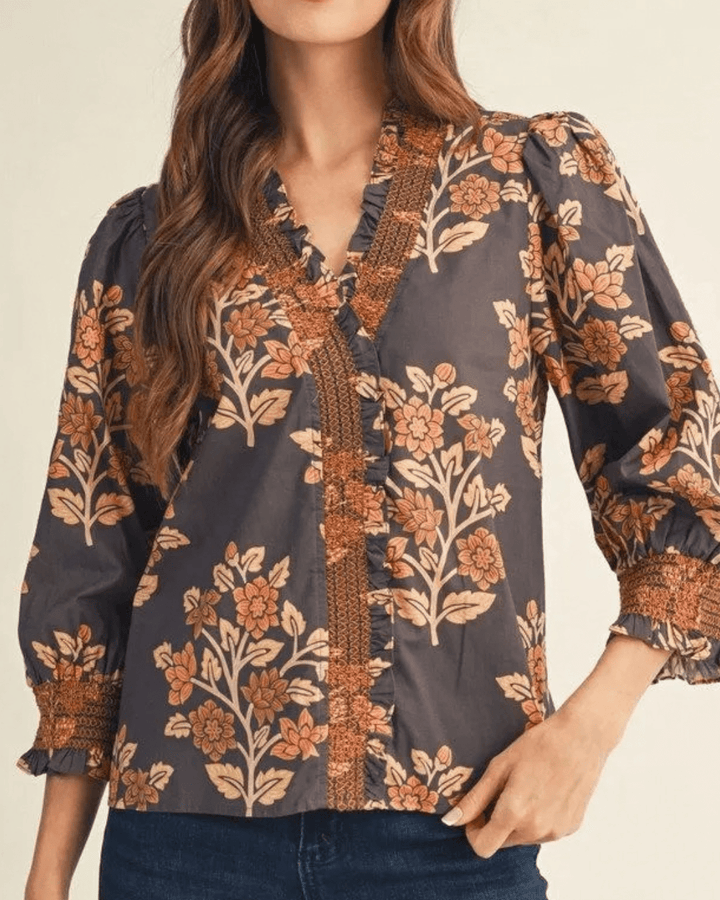 3/4 Sleeve Floral Print Top - High Call Outfitters