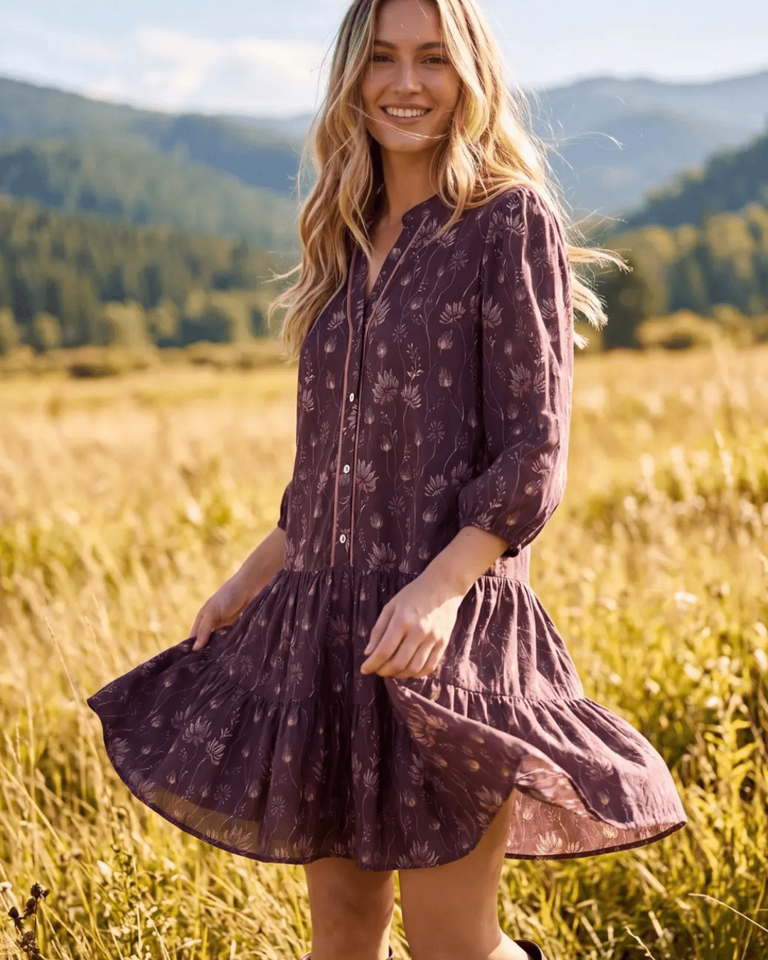 3/4 Sleeve Print Tiered Mini Dress - High Call Outfitters