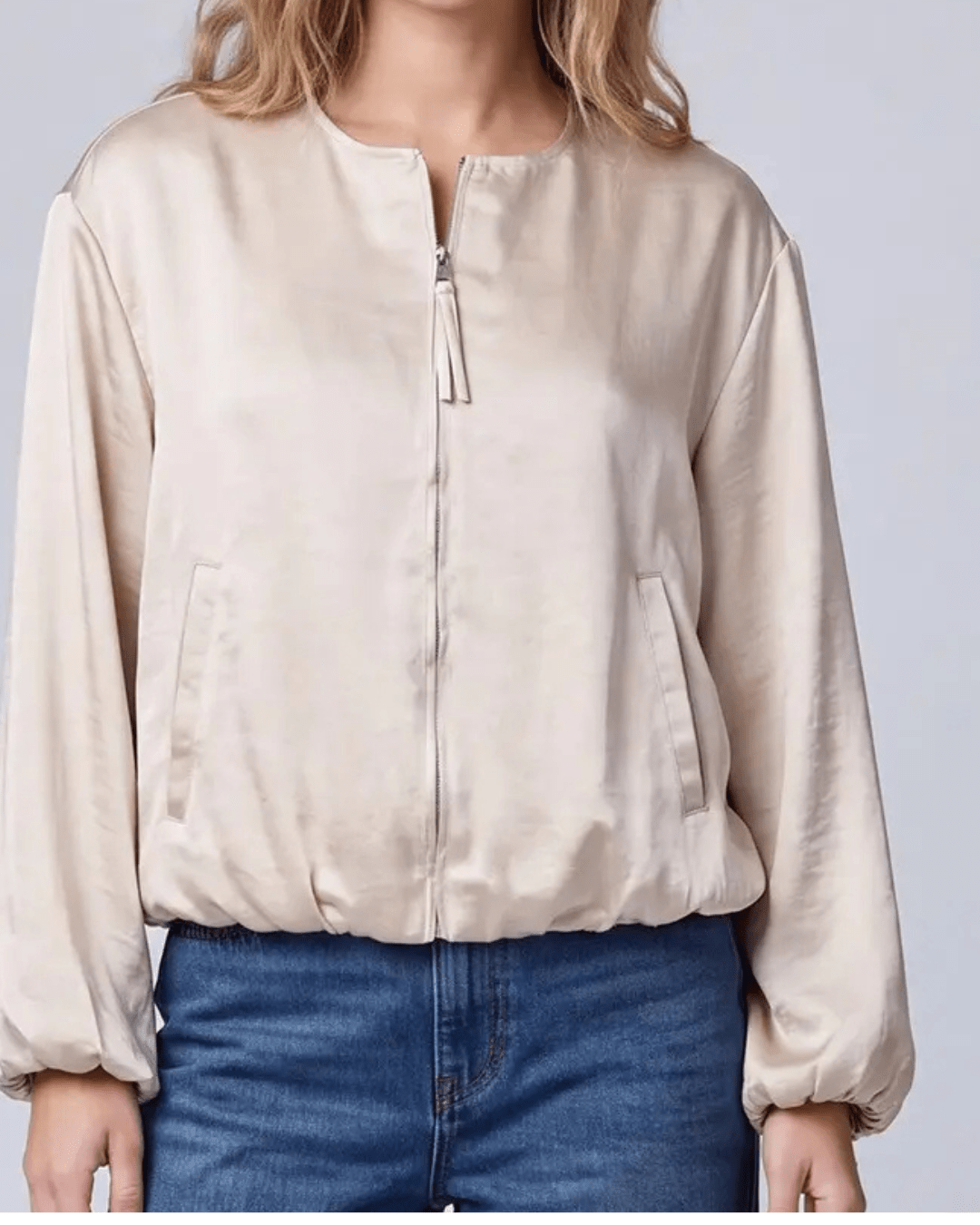 Bubble Hem Satin Zip Front Jacket - High Call Outfitters