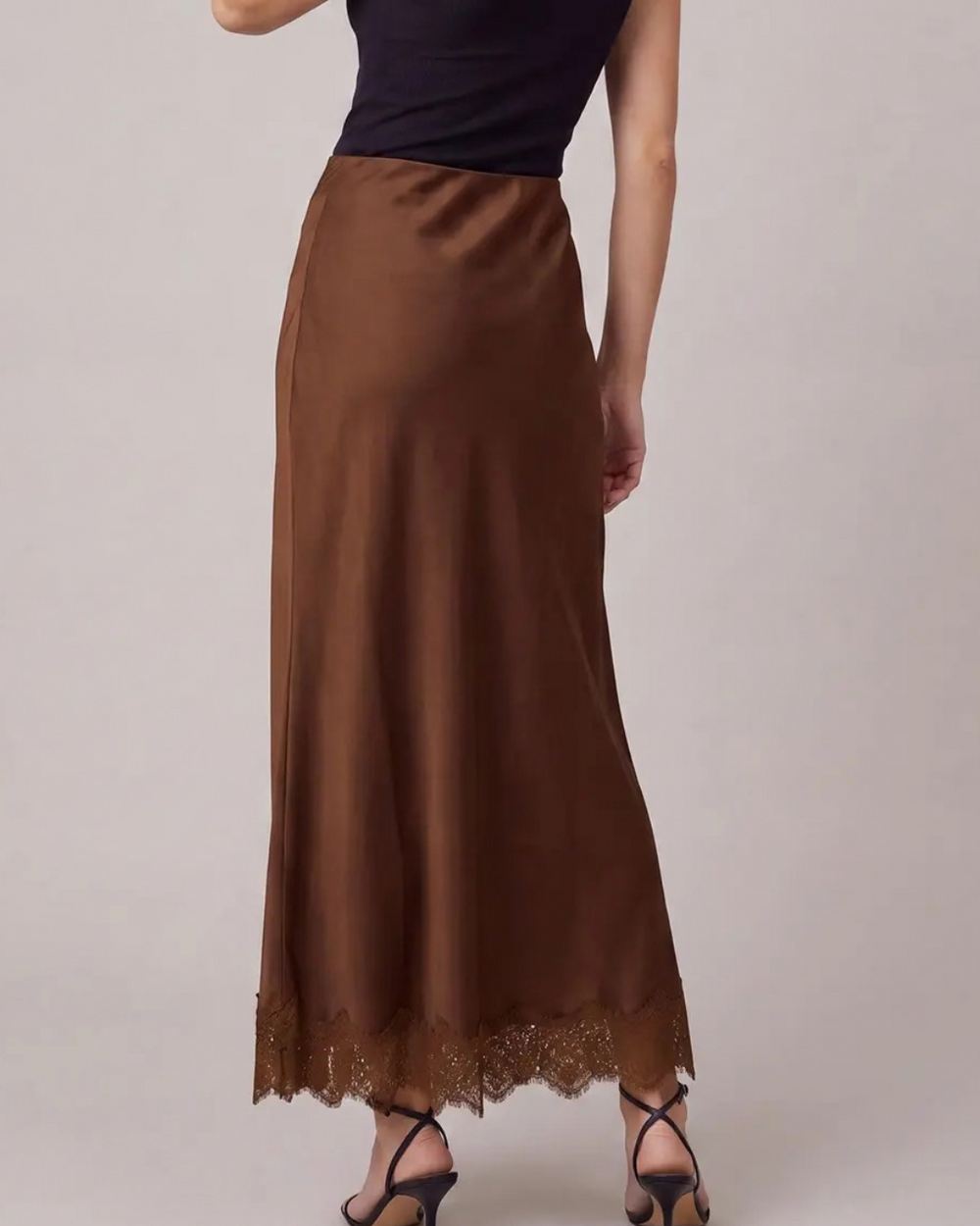 Satin Maxi Skirt with Lace Trim - High Call Outfitters