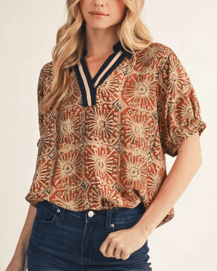 Tile Print Contrast Split Neckline Top - High Call Outfitters