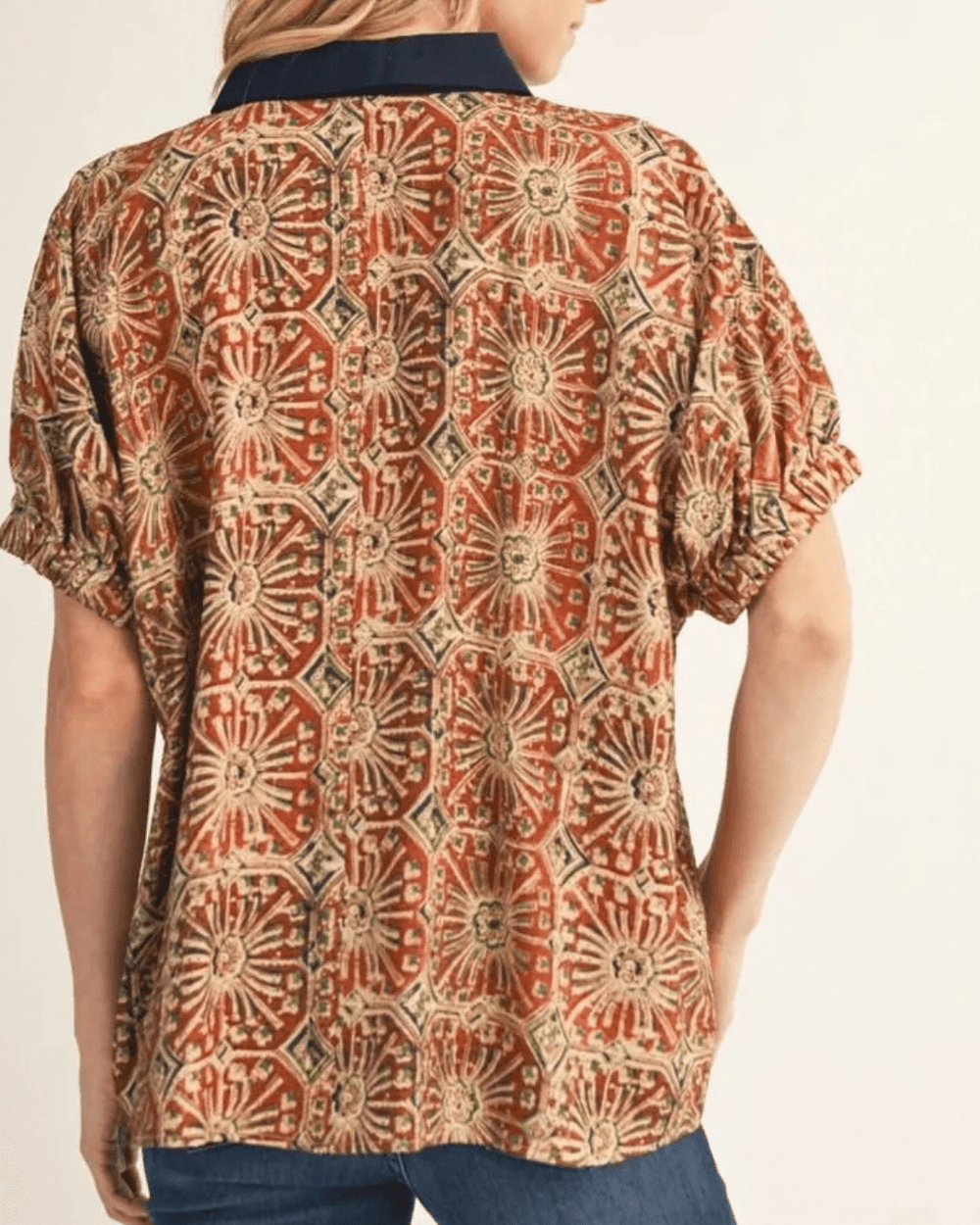Tile Print Contrast Split Neckline Top - High Call Outfitters