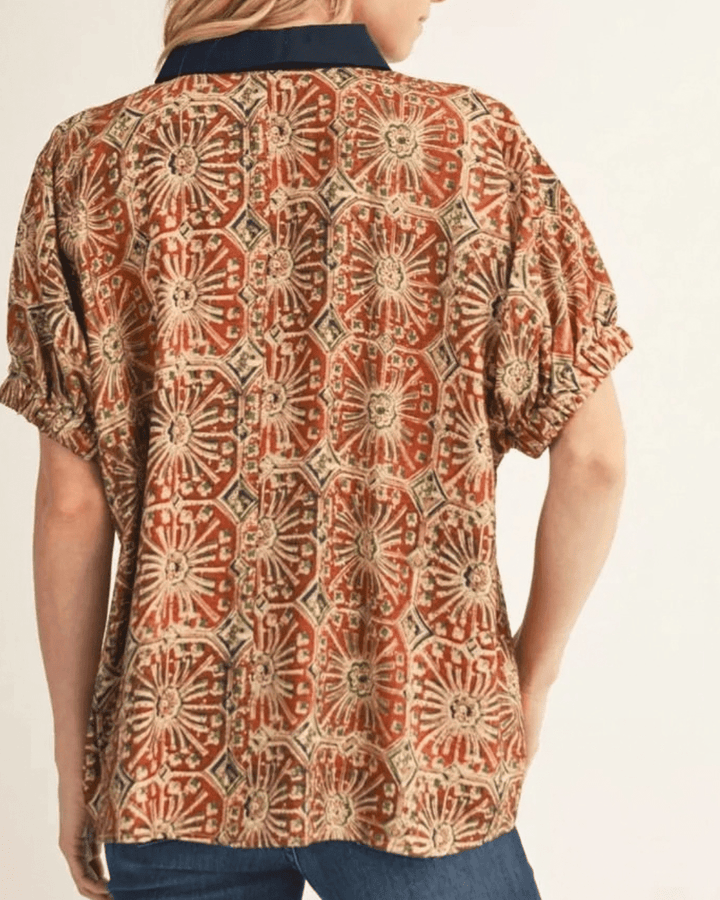 Tile Print Contrast Split Neckline Top - High Call Outfitters