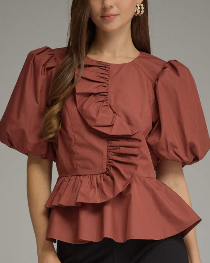 Ruffle Twist Puff Sleeve Top - High Call Outfitters