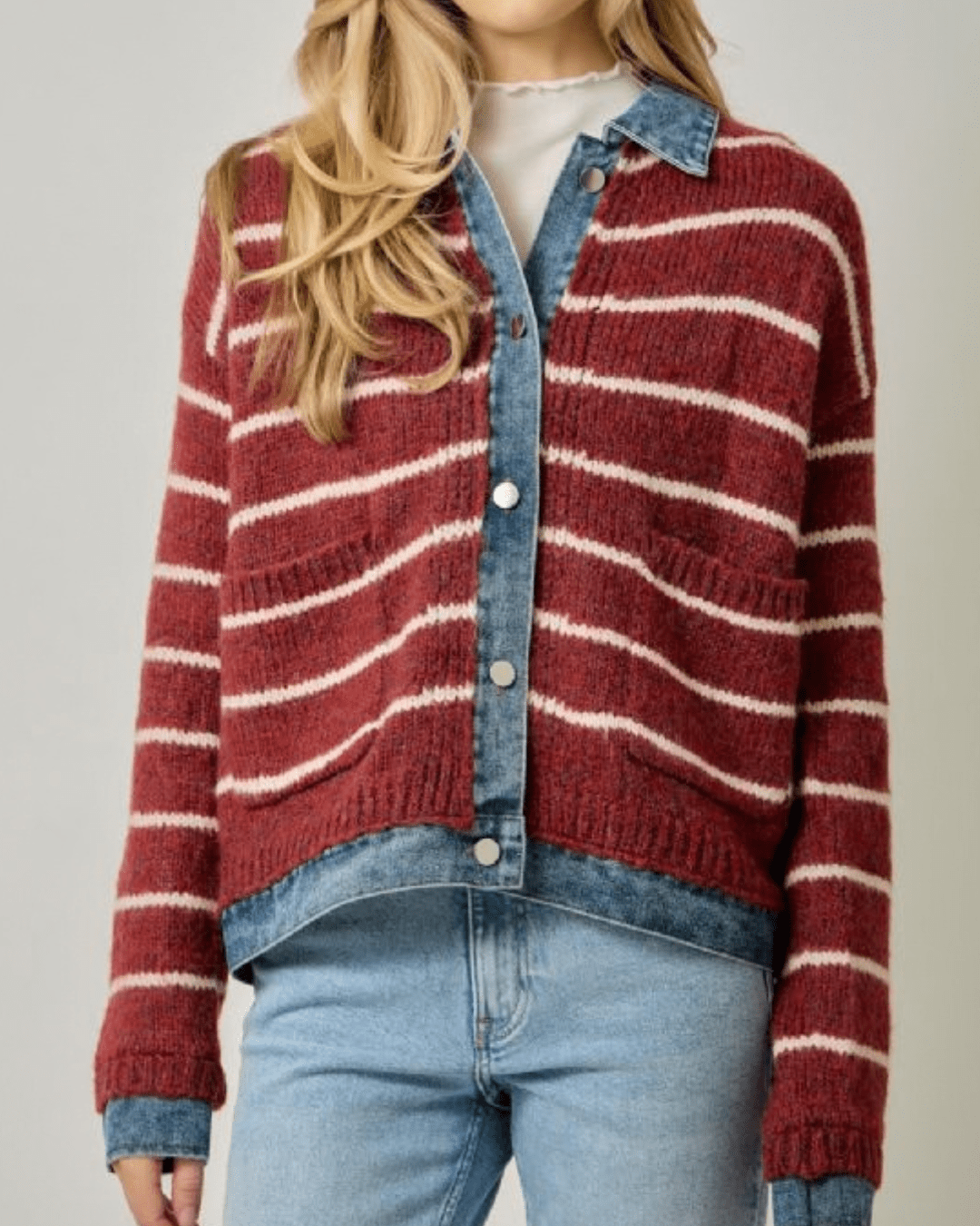 Denim Trim Stripe Cardigan - High Call Outfitters
