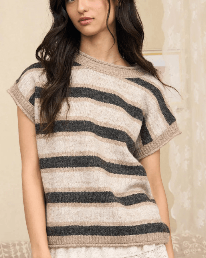 Cap Sleeve Stripe Raw Edge Sweater - High Call Outfitters