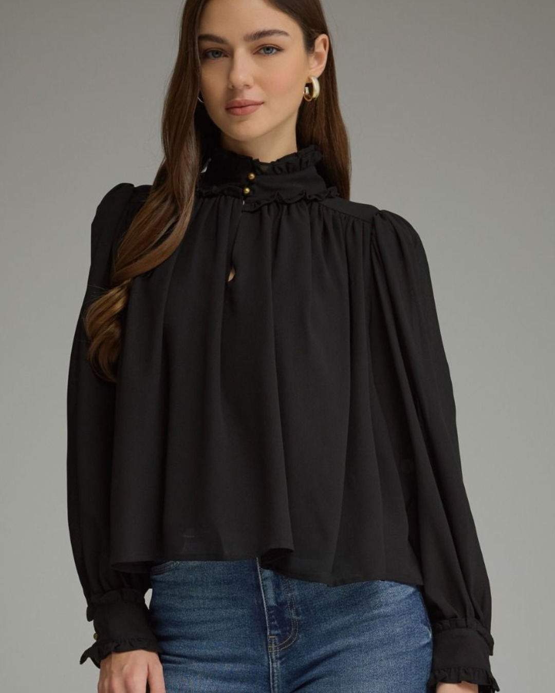 Ruffled Neckline with Button Detail Top