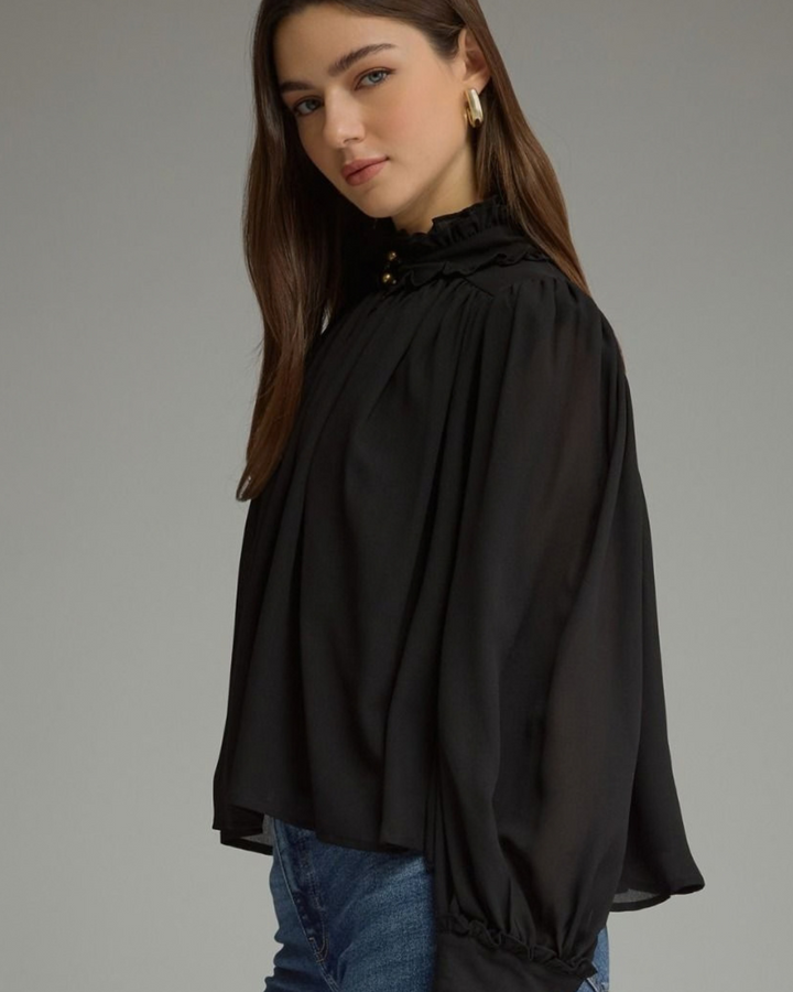 Ruffled Neckline with Button Detail Top