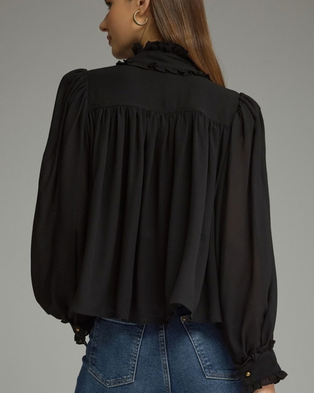 Ruffled Neckline with Button Detail Top