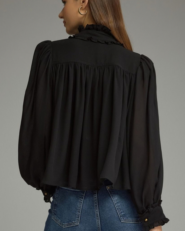Ruffled Neckline with Button Detail Top