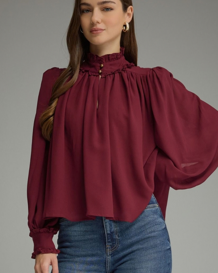 Ruffled Neckline with Button Detail Top
