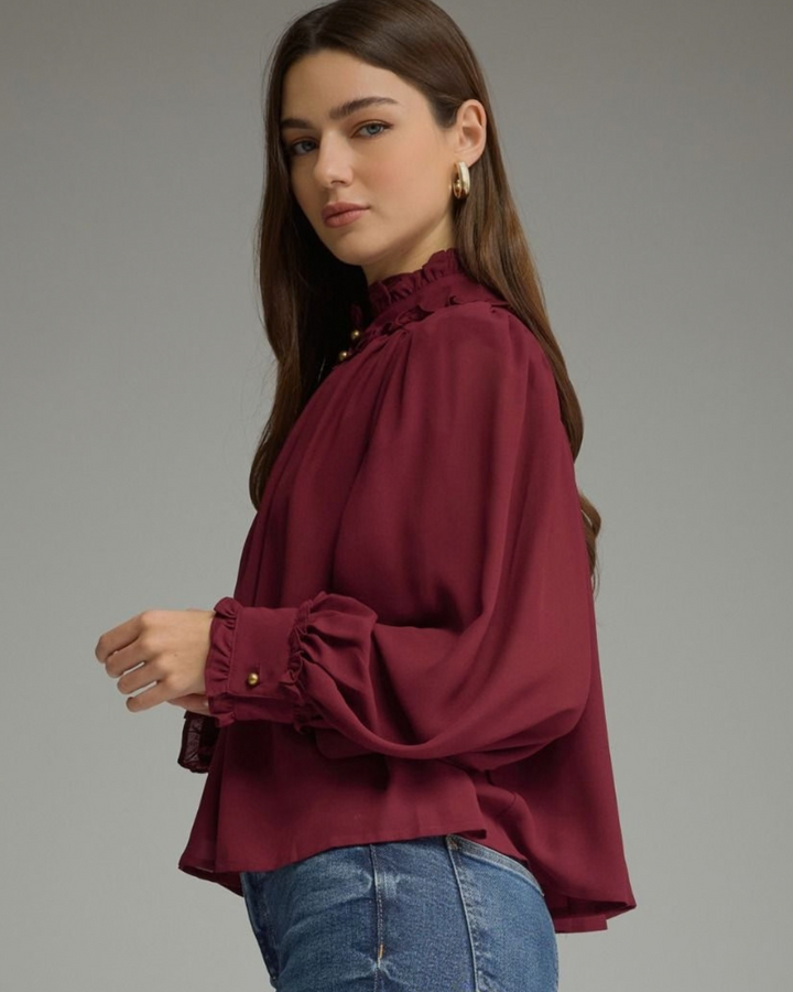 Ruffled Neckline with Button Detail Top
