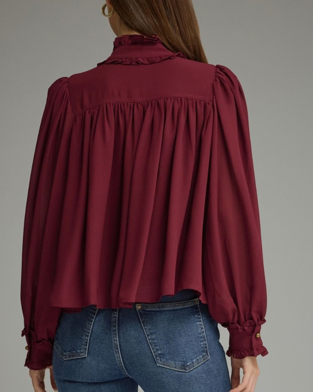 Ruffled Neckline with Button Detail Top