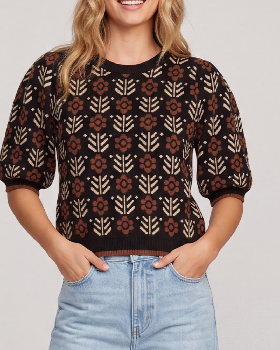 Floral Pattern Short Sleeve Sweater Top