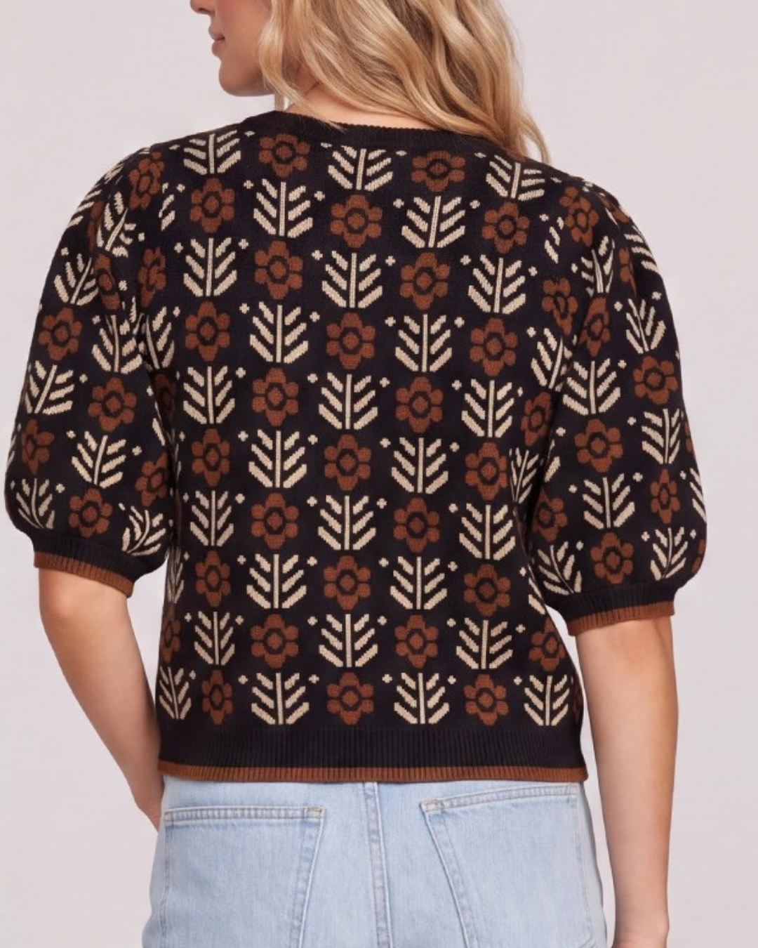 Floral Pattern Short Sleeve Sweater Top