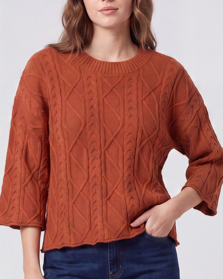 3/4 Sleeve Cable Knit Sweater