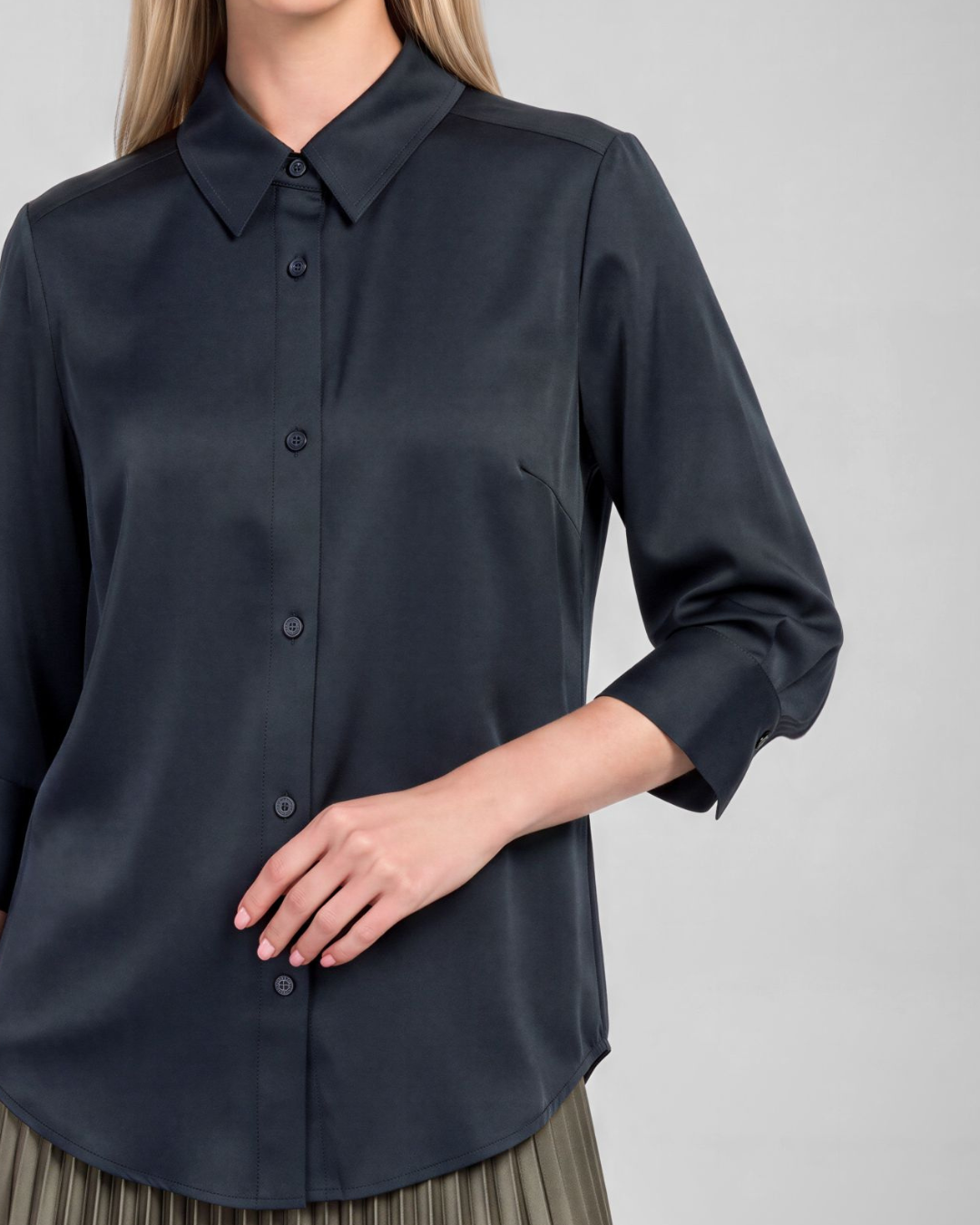 3/4 Sleeve Satin Button Front Blouse