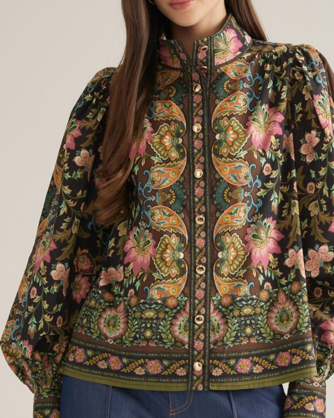 Floral Border Print Puff Sleeve Top - High Call Outfitters