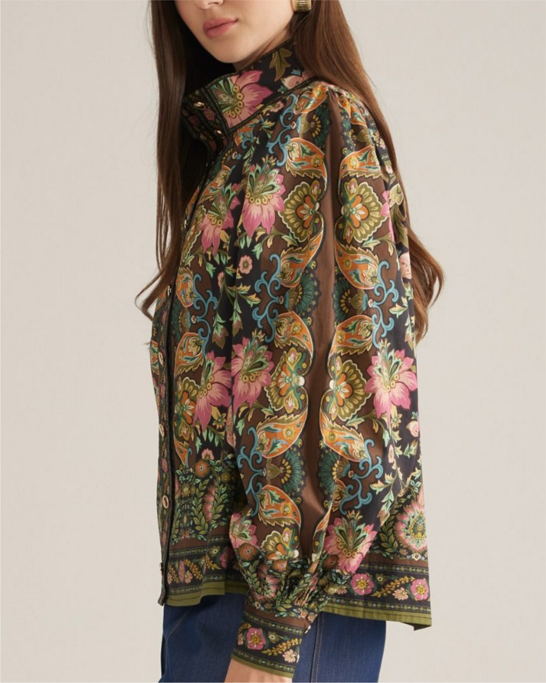 Floral Border Print Puff Sleeve Top - High Call Outfitters