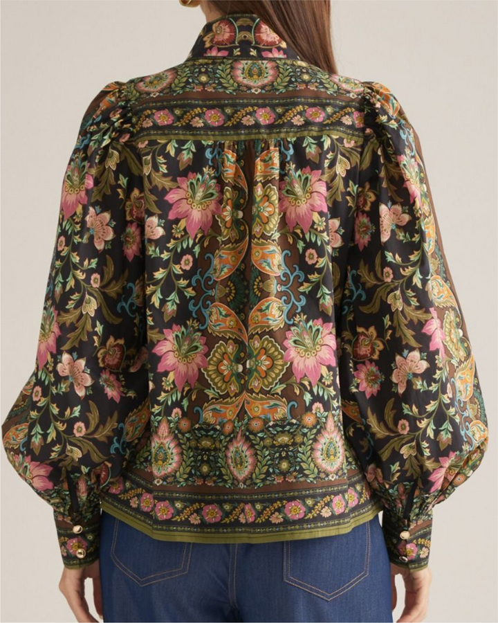 Floral Border Print Puff Sleeve Top - High Call Outfitters