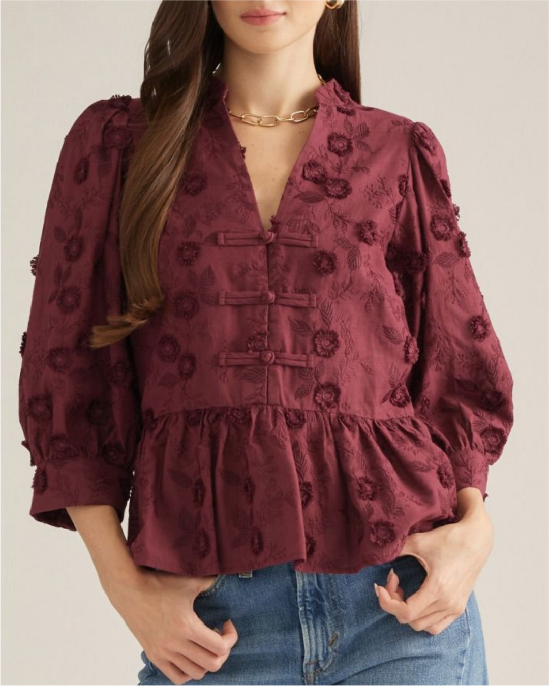 Embroidered Peplum Puff Sleeve Top - High Call Outfitters