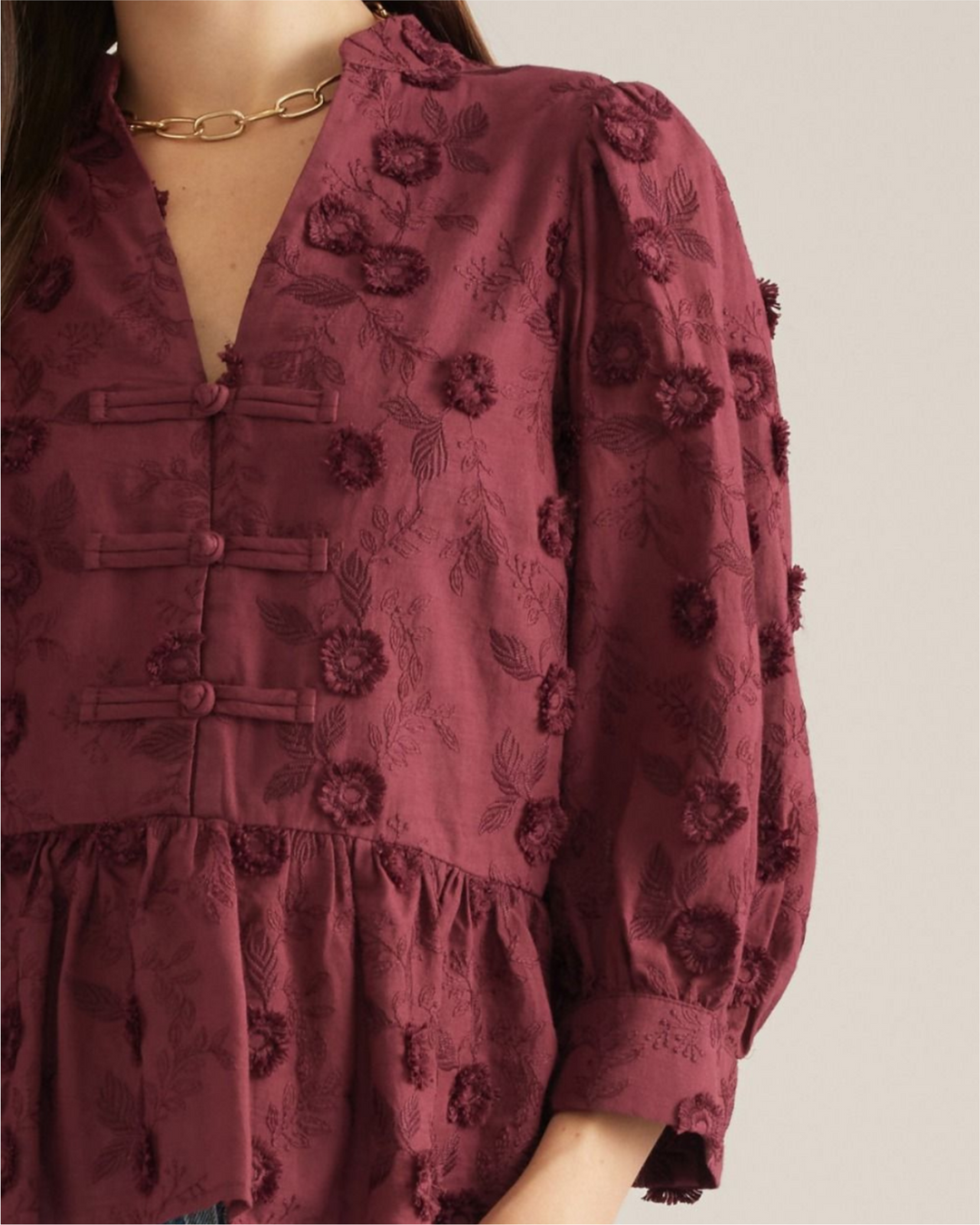 Embroidered Peplum Puff Sleeve Top - High Call Outfitters