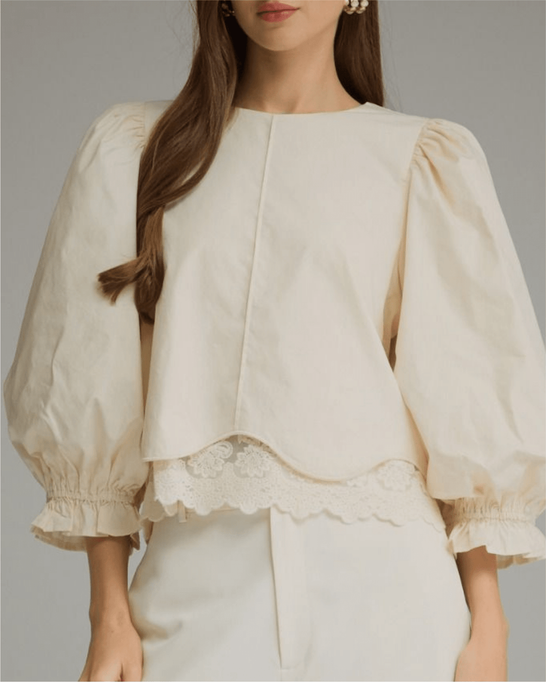 Lace Hem Balloon Sleeve Top - High Call Outfitters