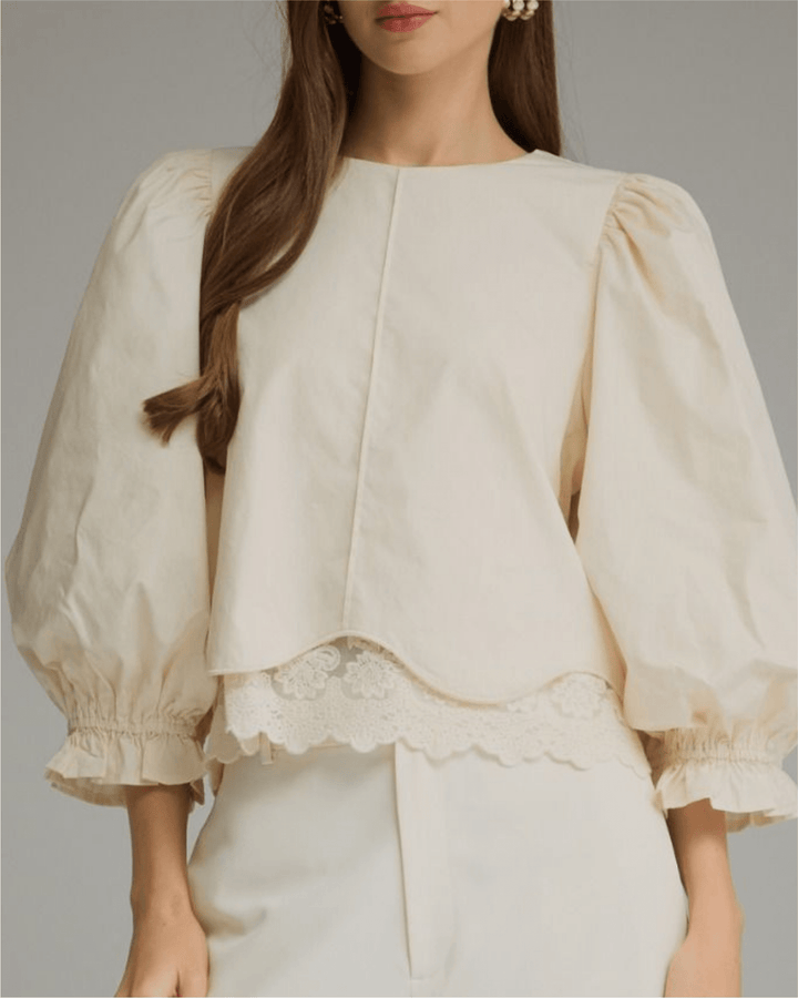 Lace Hem Balloon Sleeve Top - High Call Outfitters