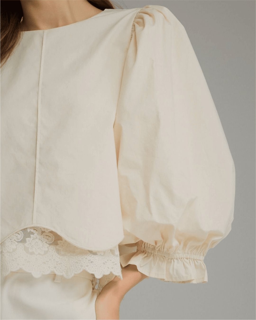 Lace Hem Balloon Sleeve Top - High Call Outfitters