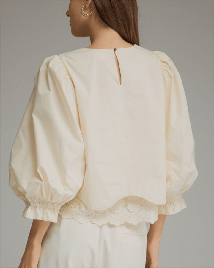 Lace Hem Balloon Sleeve Top - High Call Outfitters