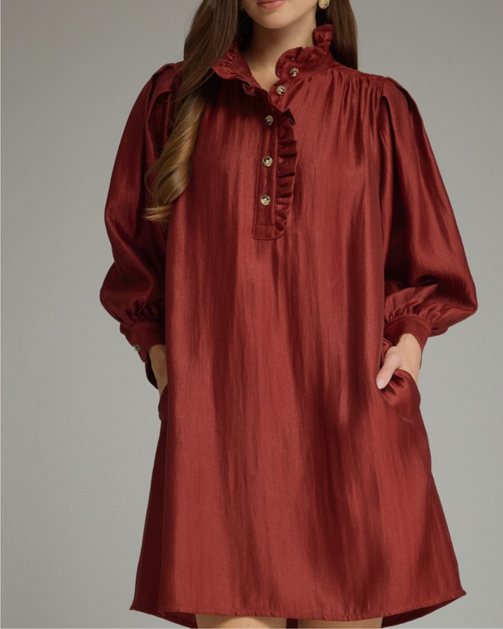 Ruffle Neck Puff Sleeve Mini Dress