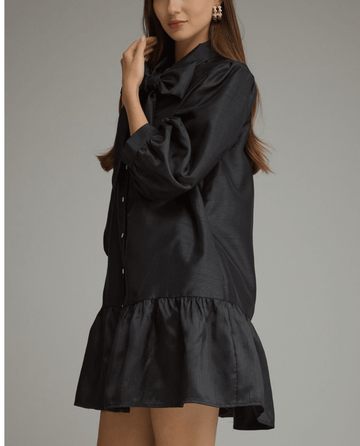 Metallic Bow Neck Mini Dress - High Call Outfitters