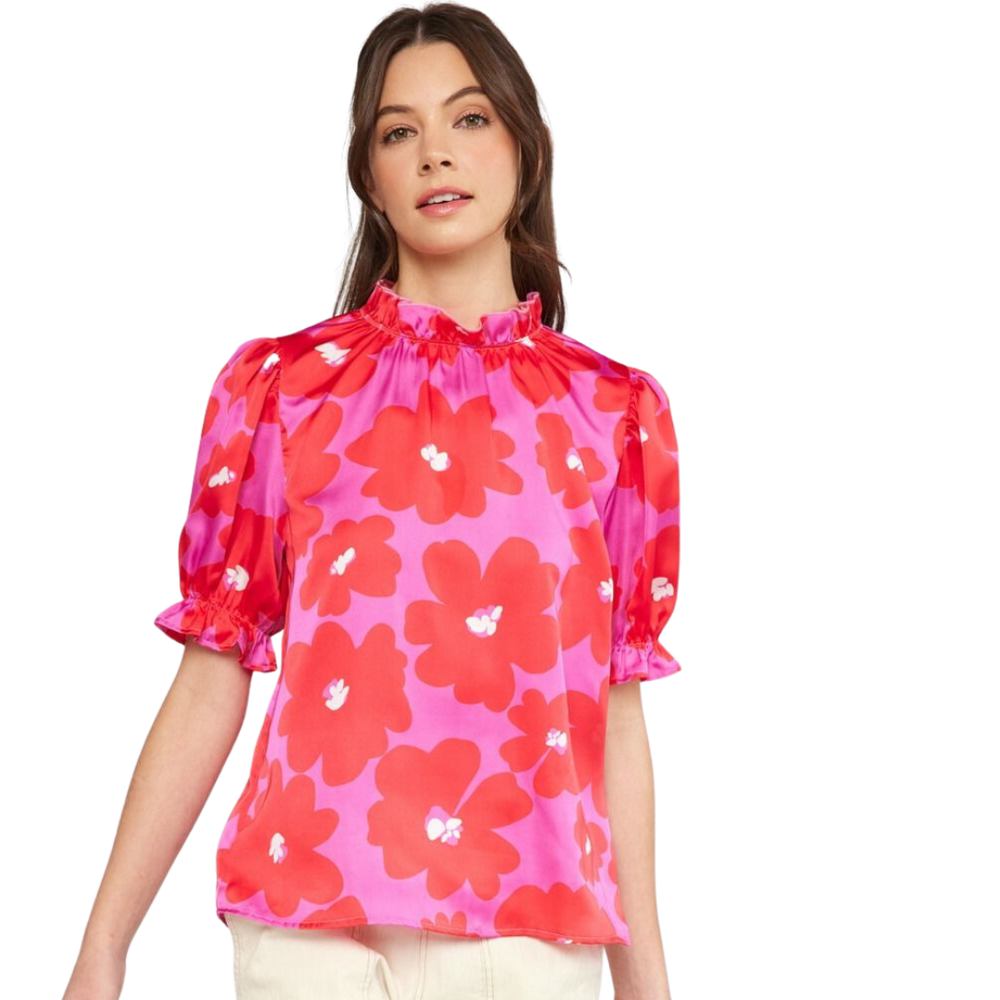 Ruffle Neck Printed Top - High Call Outfitters