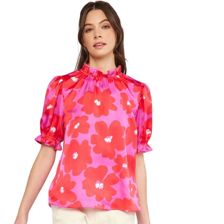 Ruffle Neck Printed Top