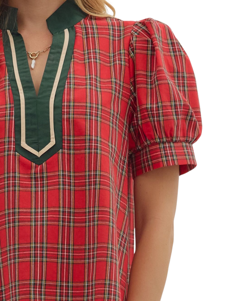 Plaid Contrast Trim Top