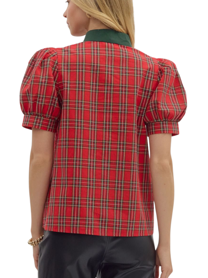 Plaid Contrast Trim Top
