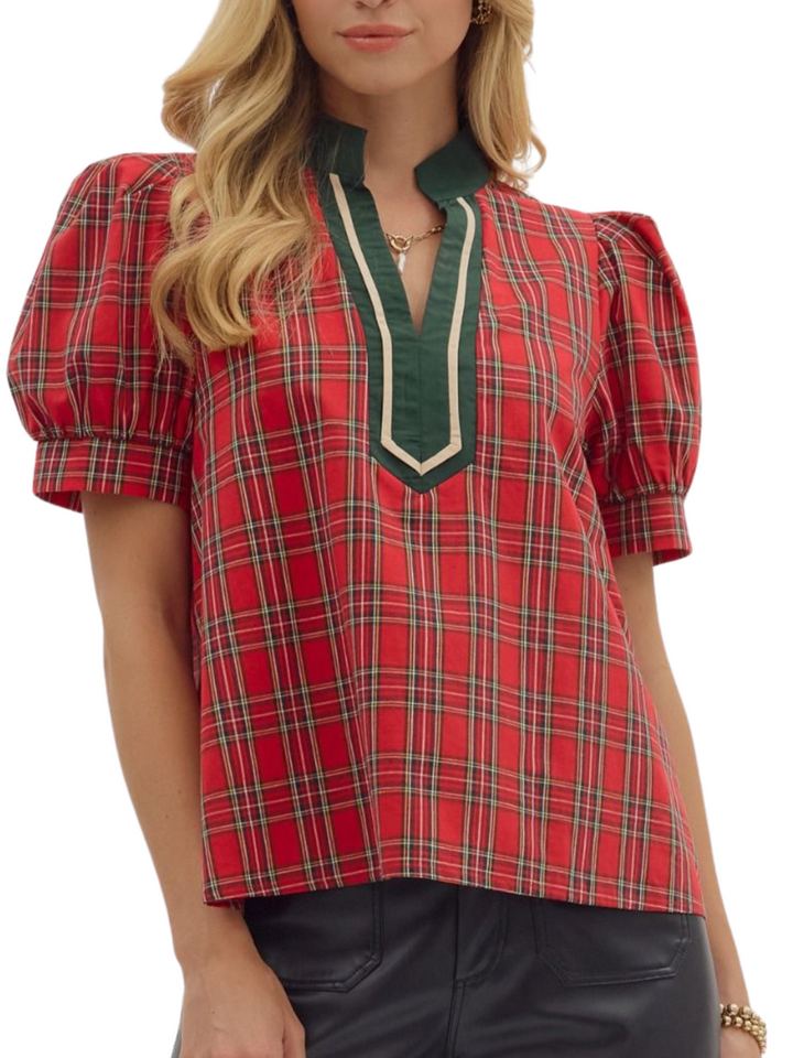 Plaid Contrast Trim Top