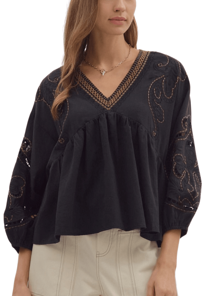Embroidered Cut Out Sleeve Top - High Call Outfitters