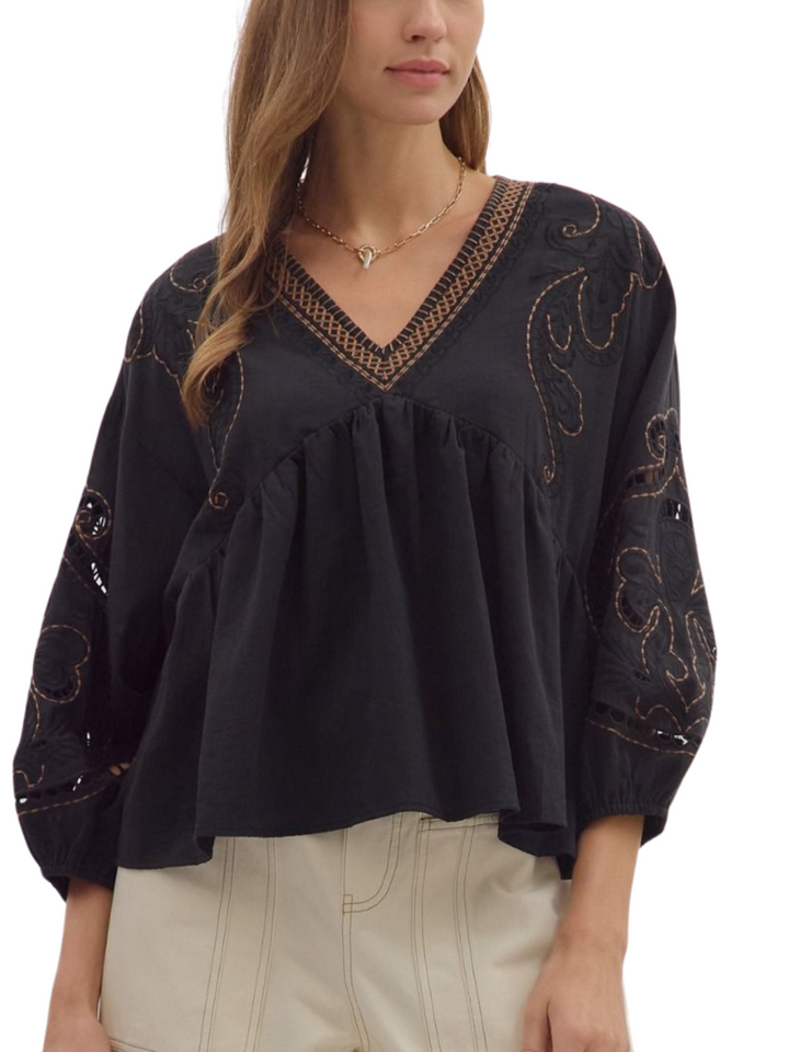 Embroidered Cut Out Sleeve Top