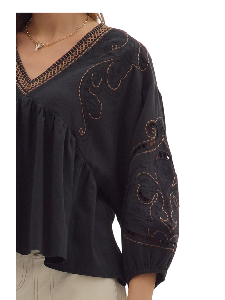 Embroidered Cut Out Sleeve Top