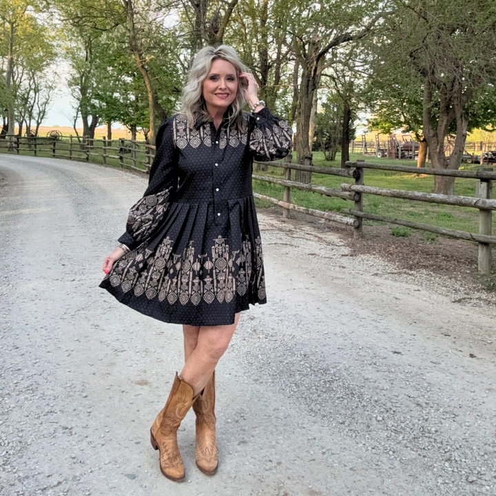 Pearl Snap Pleated Dress