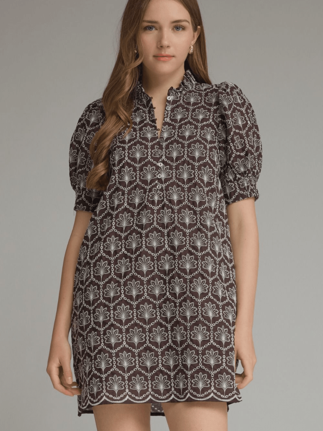 Ruffle Neck Embroidered Dress - High Call Outfitters