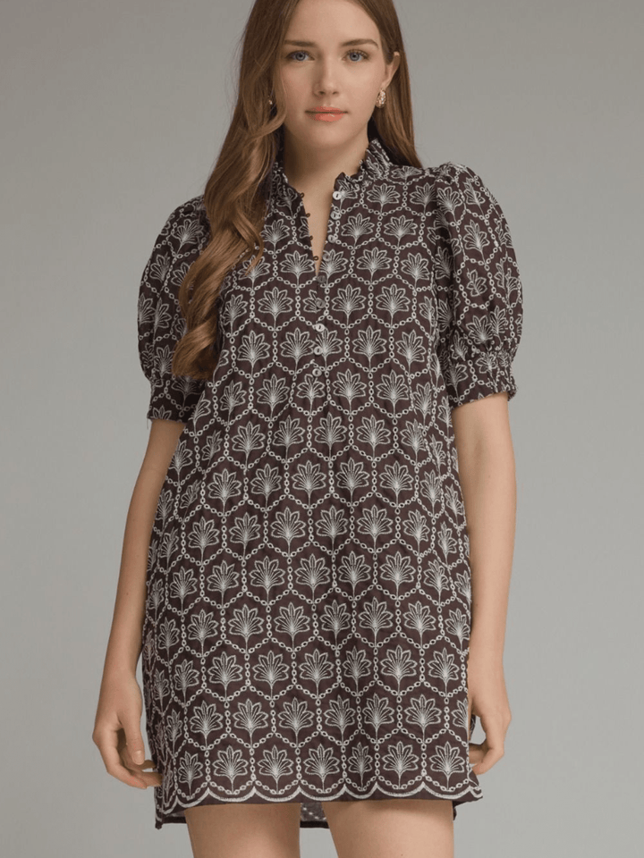Ruffle Neck Embroidered Dress - High Call Outfitters