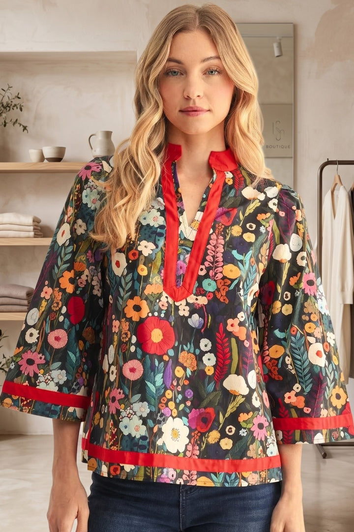 Floral Tunic Top with Red Trim