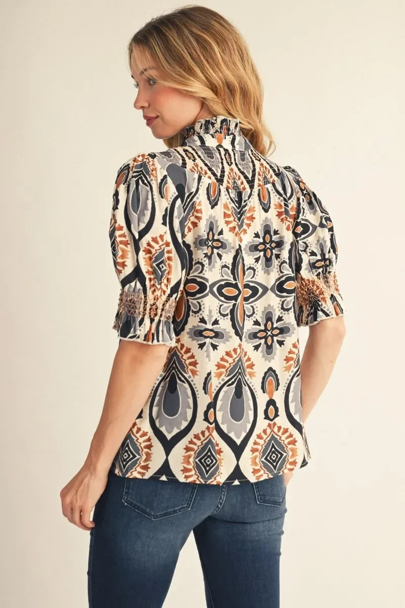 Boho Print Puff Sleeve Top