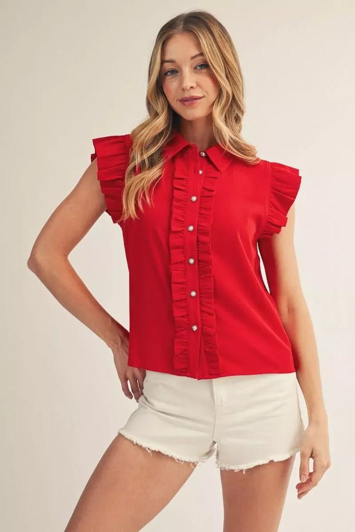 Ruffle Trim Button Front Top - High Call Outfitters